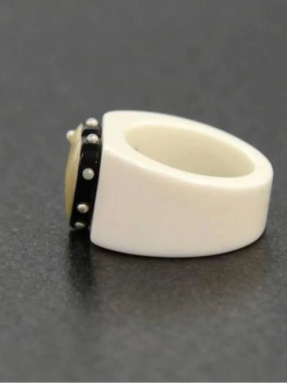 CHANEL Vintage Black Resin Ring with Ivory Heart Camellia Accent